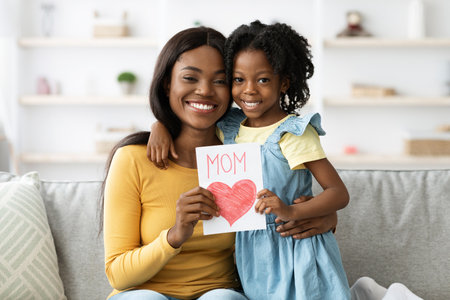 Smiling Mother and Daughter Celebrate Love With a Handmade Card at Home on a Bright Dayの写真素材