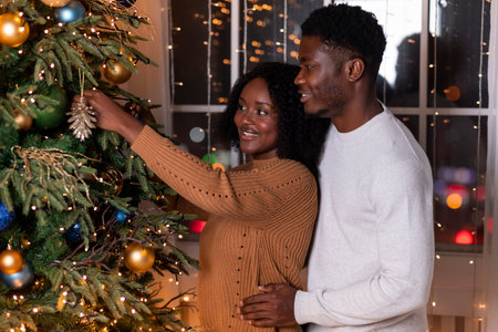Smiling Young Couple Decorates Christmas Tree at Home for Winter Holiday Celebrationの写真素材