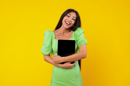 Woman Wearing a Green Dress Smiles While Holding a Tablet in Front of a Bright Yellow Backgroundの写真素材