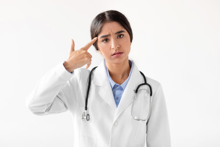 Sad Millennial Indian Doctor Shows Frustration With Hand Gesture Near Templeの写真素材
