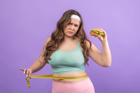 Young European Woman Measuring Waist With Tape While Holding a Burger Against Purple Backgroundの写真素材