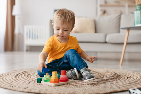 Child Plays With Colorful Stacking Toy on Round Rug in Cozy Living Room During Afternoonの写真素材