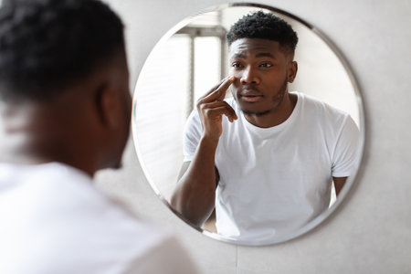 African American Guy Applying Moisturizer in Modern Bathroom Mirror Reflectionの写真素材