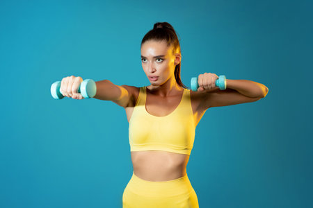 Focused Fitness Woman Lifting Dumbbells in Yellow Workout Gear Against a Blue Backgroundの写真素材