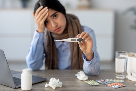 Young Indian Woman Experiences Headache and Cold Symptoms While Working From Home With Laptop