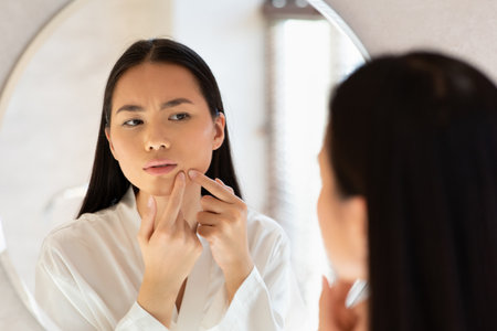 Young Asian Lady Removes Blackheads in Bathroom Mirror While Feeling Unhappy About Skin