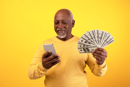 Cheerful Senior Man Celebrates His Lottery Win While Using His Cellphone in a Bright Orange Setting