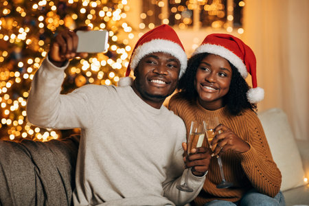 Happy Couple Celebrating Christmas With Champagne and a Selfie in a Decorated Roomの写真素材