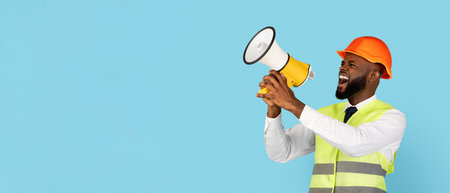 Black Builder Man Making Announcement With Loudspeaker Over Blue Background