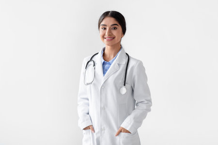 Confident Smiling Indian Female Doctor in White Coat With Stethoscopeの写真素材