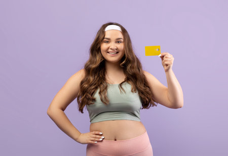 Smiling Young Woman in Sportswear Making a Payment for Gym Membershipの写真素材