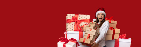 Excited Woman Holding Stacked Gifts in Festive Holiday Setting With Red Background