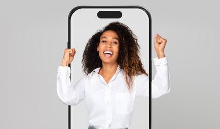 Woman Celebrating With Joy in a Creative Collage Framed by a Smartphone Outline