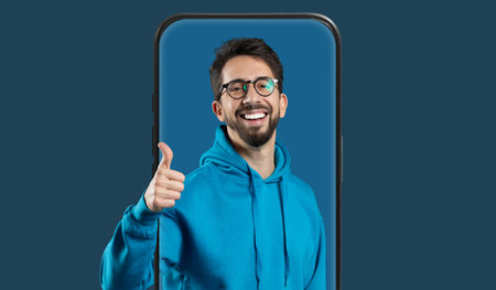 Smiling Man Making a Thumbs up Gesture From Inside a Smartphone Frame in a Blue Background