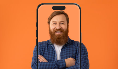Bearded Man Smiling While Posing With a Phone Against an Orange Backgroundの写真素材