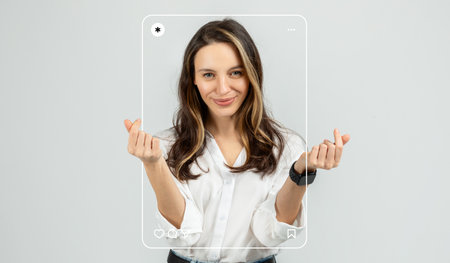 Engaging Woman Showing Heart Gesture in a Collage Formatの写真素材