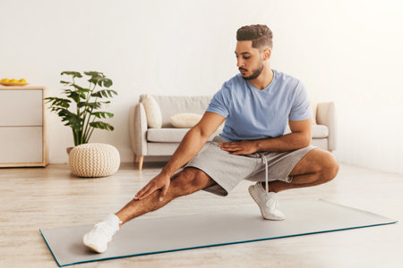 Man Stretching on a Yoga Mat in a Bright Living Room During Daylight Hoursの写真素材