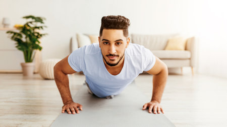 Man Doing Push-Ups at Home on a Yoga Mat in a Bright Living Room Setting