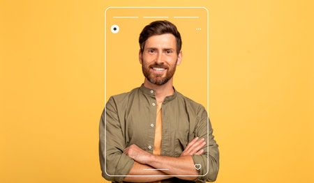 Collage of a Smiling Man With Crossed Arms on a Bright Yellow Backgroundの写真素材