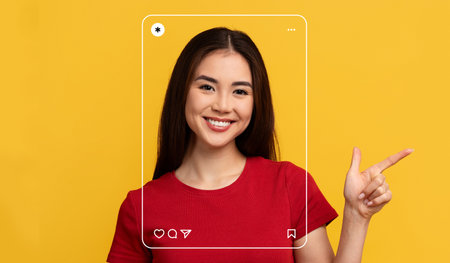 Smiling Woman Showcasing Social Media Frame Against Bright Yellow Background