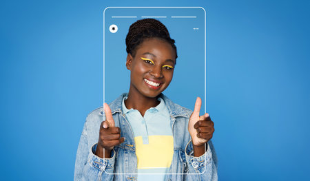 Collage of a Young Woman Smiling and Posing With a Transparent Tablet on a Blue Background
