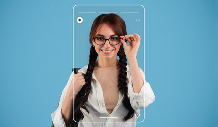 Capture of a Young Woman Smiling While Adjusting Her Glasses in Front of a Blue Background