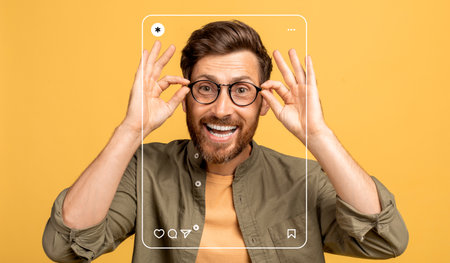 Cheerful Man Poses With Glasses in a Vibrant Yellow Collage Backgroundの写真素材