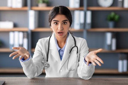 Surprised and Emotional Young Indian Therapist Reacts to Shocking News in Office Settingの写真素材