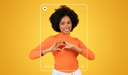 Creative Collage Featuring a Woman Making a Heart Shape in Front of a Bright Yellow Background