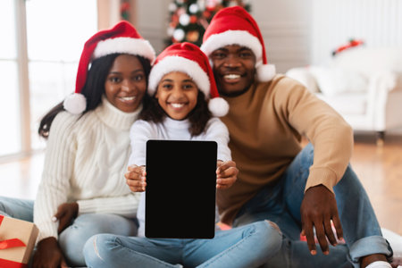 Happy Black Family Shares Festive Cheer With Tablet in Warm Holiday Settingの写真素材