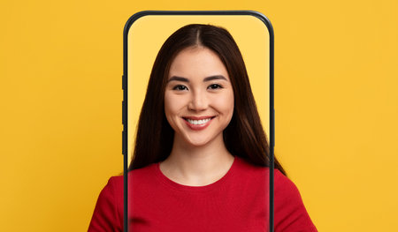 Smiling Woman in Red Shirt Framed by Smartphone Screen Against Yellow Backgroundの写真素材