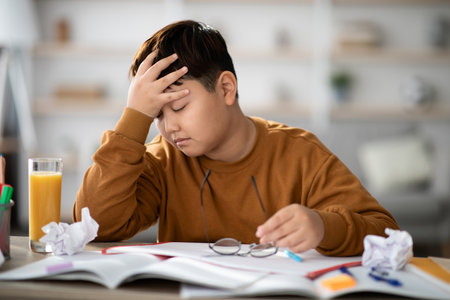 Exhausted Teenager Struggles With Homework While Sitting at a Cluttered Study Tableの写真素材