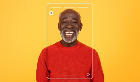 Smiling Older Man in Bright Sweater Poses in a Cheerful Photo Collage Background