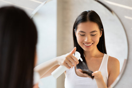 Happy Young Korean Woman Styles Her Long Hair With Hair Spray in the Bathroom After Showerの写真素材