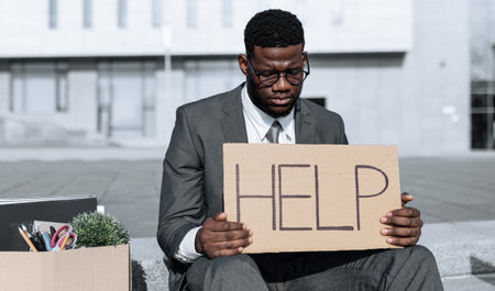 Man in Suit Holding Help Sign Sits on Sidewalk With Supplies Beside Himの写真素材