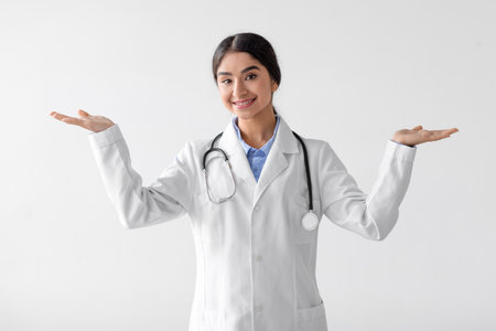 Smiling Young Indian Female Doctor Demonstrates Balance and Choices to Patientsの写真素材