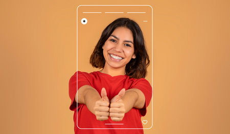 Woman Giving a Thumbs up in a Cheerful Collage With a Warm Orange Backgroundの写真素材