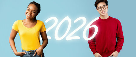 Confident Young Woman Poses With Arms Folded Against a Purple Backgroundの写真素材