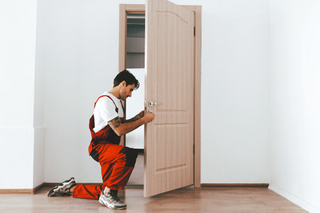 Skilled Worker Installing a Door in a Minimalist Room With Modern Decorの写真素材