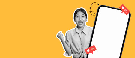 Excited Social Media User Shares Joy With Smartphone in Bright Collage Settingの写真素材