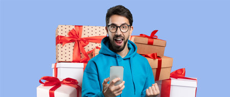 Excited Young Man Holding a Phone Surrounded by Gift Boxes in a Colorful Collage Setting