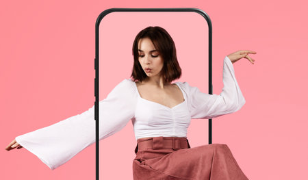 Collage Featuring a Young Woman Posing Creatively With a Smartphone on a Pink Background