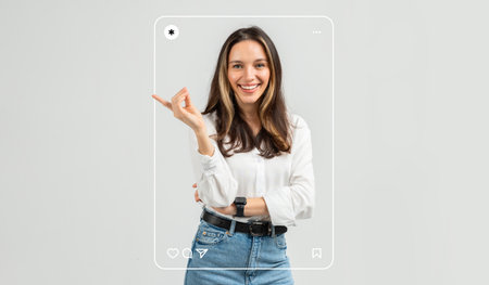 Bright Smile and Joyful Expression of a Young Woman Posing for a Casual Collageの写真素材