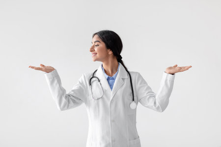 Smiling Indian Woman Doctor in White Coat Raises Hands to Represent Balance and Choiceの写真素材