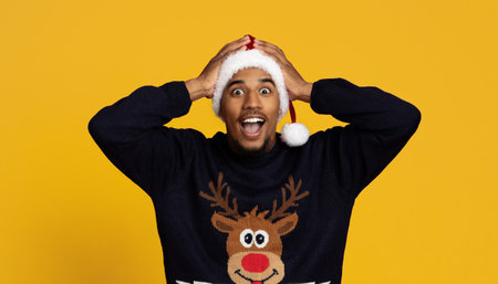 Excited Man in Christmas Sweater Celebrating With a Santa Hat Against a Bright Yellow Backdropの写真素材