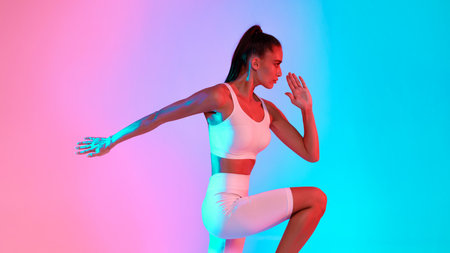 Dynamic Fitness Movement in Vibrant Studio Lighting During Workout Sessionの写真素材