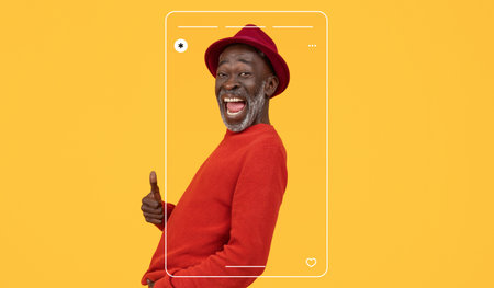 Happy Older Man Wearing a Red Sweater and Hat Posing for a Cheerful Collage in Bright Colorsの写真素材