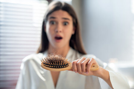 Worried Female Examining Hair Loss While Holding a Brush in Bathroom After Combing Hairの写真素材