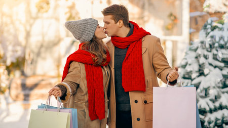 Couple Enjoying Winter Shopping and Sharing a Kiss in a Snowy Parkの写真素材