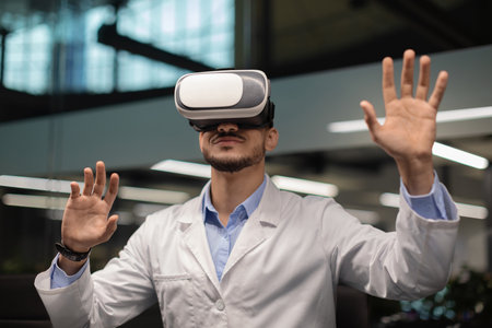 Middle Eastern Doctor Explores Virtual Reality in Modern Clinic Environmentの写真素材